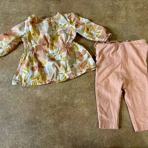 Carter- Adorable Baby Long Sleeve Floral Top with Pink Leggings, Size 6M